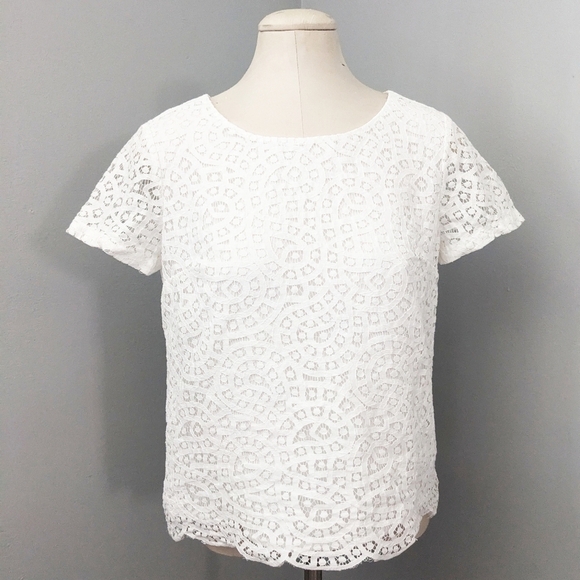 J.Crew Eyelet Lace Laser Cut Top White Short Sleeve Lined Blouse Sheer Women's 6 - Picture 1 of 6